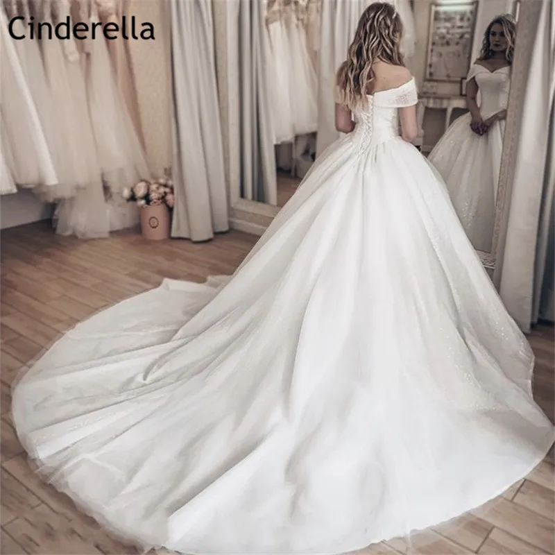 Cinderella Hand Made V-Neck Off The Shoulder A-Line Soft Tulle Crystal Beading Royal Train Wedding Dresses vestido de noiva - AliExpress
