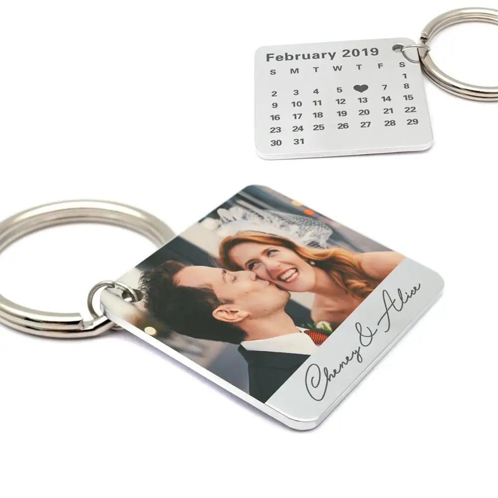 Personalized Photo Keychain,Custom Calendar Key Chain,Picture Keyring with Names,Anniversary Gift for Couples,Valentines Gift afbeelding