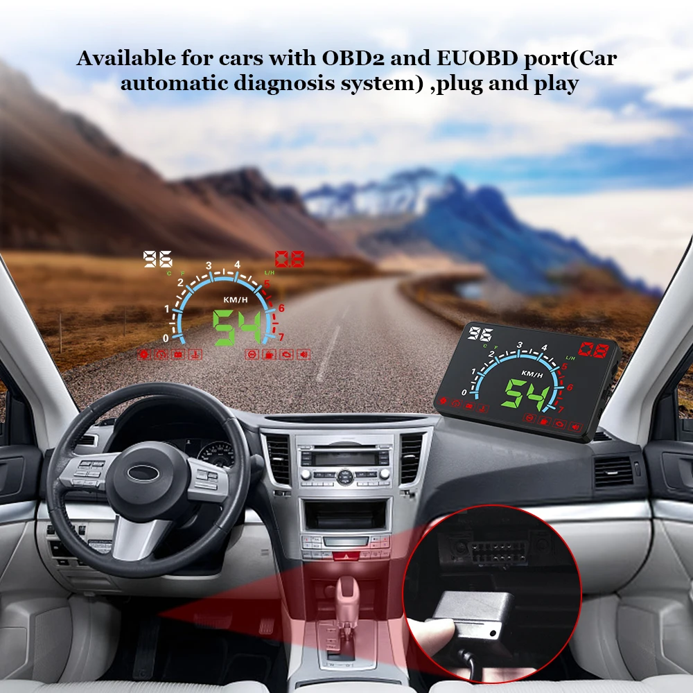 

Play Overspeed Alarm Fuel Consumption Display Hud Projector E350 OBD2 HUD Car Display 5.8 Inch Screen Easy Plug