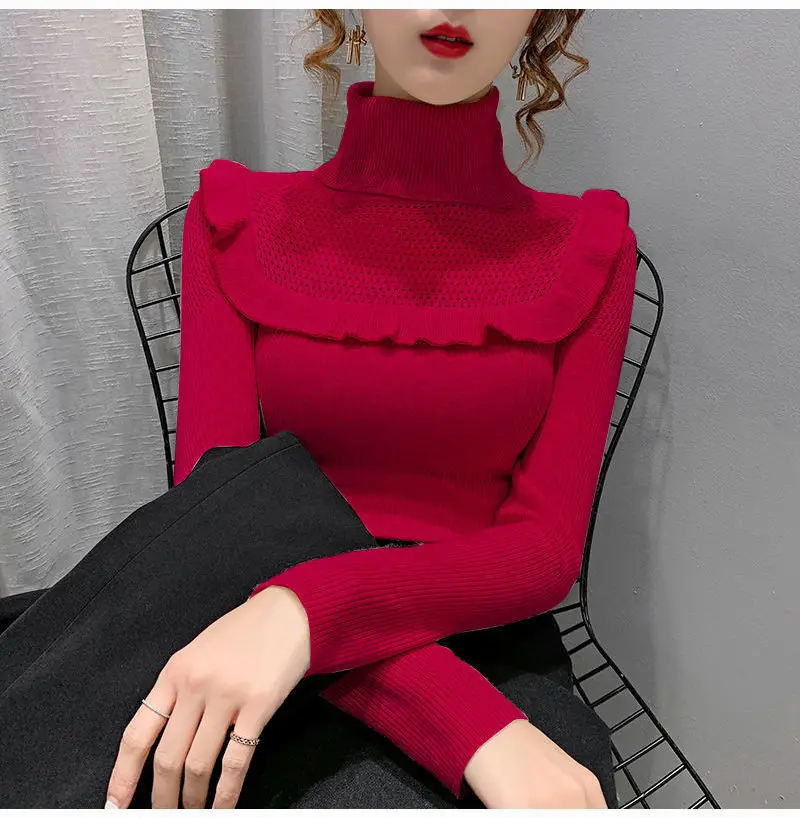 Ladies Korean Turtleneck Sweater Fashion Auricular-Side Slim Knit Multi-Color Autumn And Winter Bottom Unlined New Style pink sweater