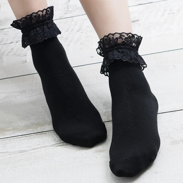Women Lace Mesh Black White Cotton Socks Lolita Style Japanese Maiden Lovely Short Socks Harajuku Frilly Ruffle Princess Socks Black