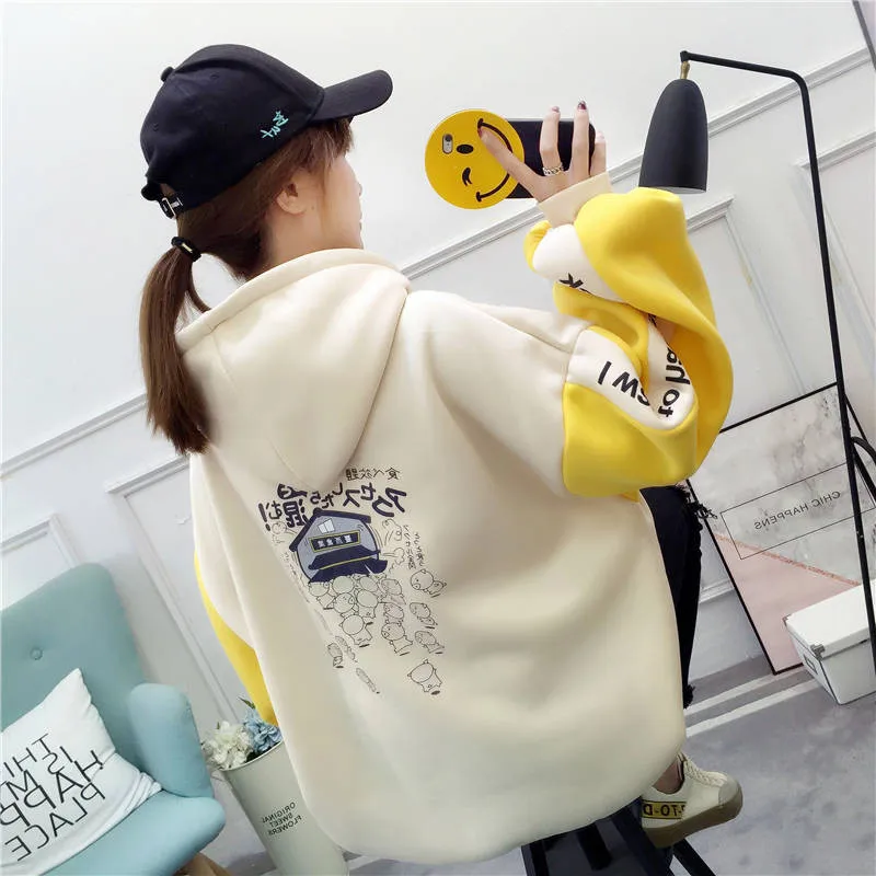 Осенние худи и толстовки для женщин Корейский Ulzzang Harajuku свободный карман длинный рукав свитшот с принтом в виде надписи Толстовка уличная
