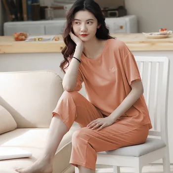 

Modal Women Pajamas Two Piece Set Summer Embroidery Short Sleeve Gentle Breathable Sleepwear Nightwear Lady Casual Home Clothes