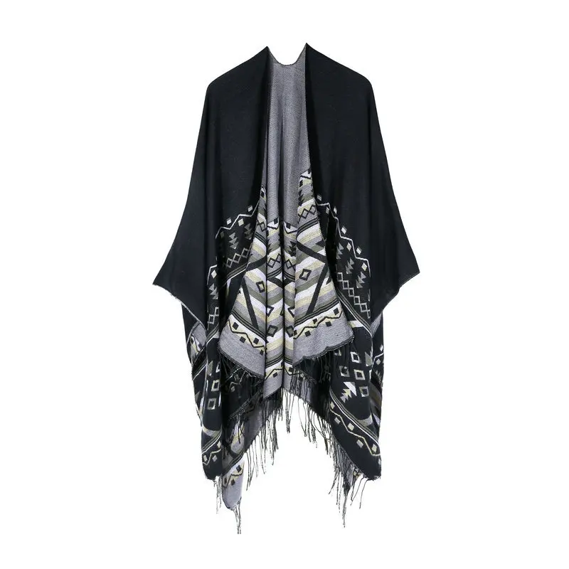 Europe And America Hot Sales New Style Geometry Color Stripes Faux Cashmere Tassels Cloak Shawl Thick Warm