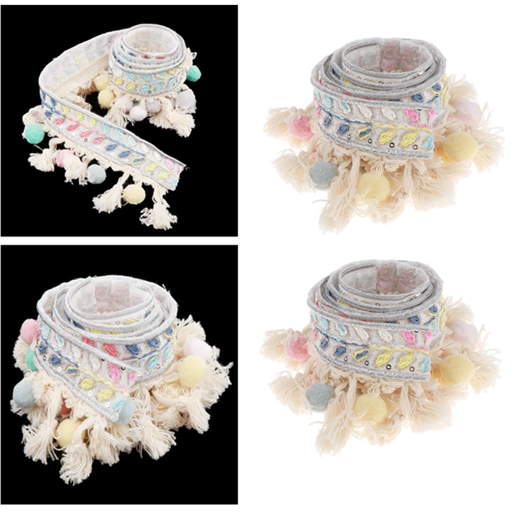 2 Yards Ethnic Style Ball Fringed Lace Jacquard Ribbon with Pompom Ball Trim