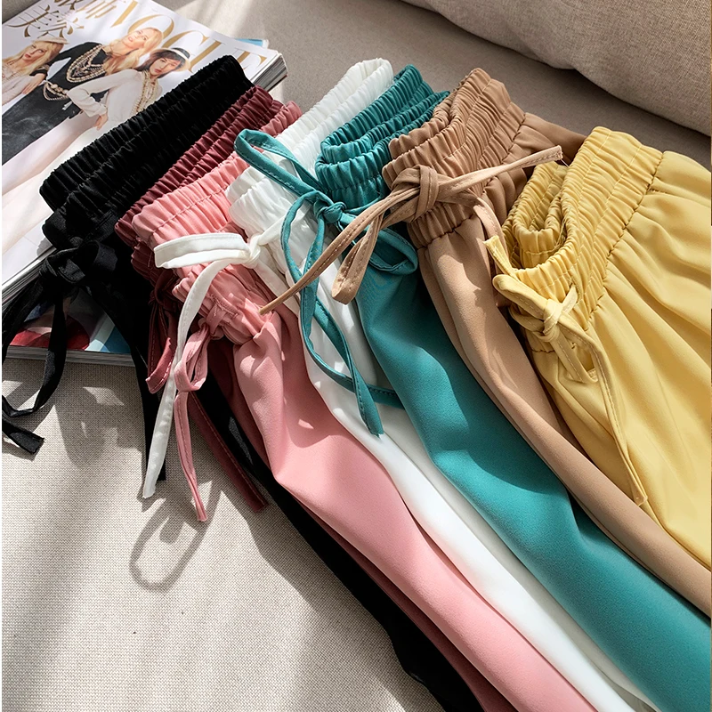 

Women Summer Thin Trousers Black Wide Leg Loose Pants Long Pants Casual Trouser Drawstring Elastic Waist Pants Solid 7 Colors
