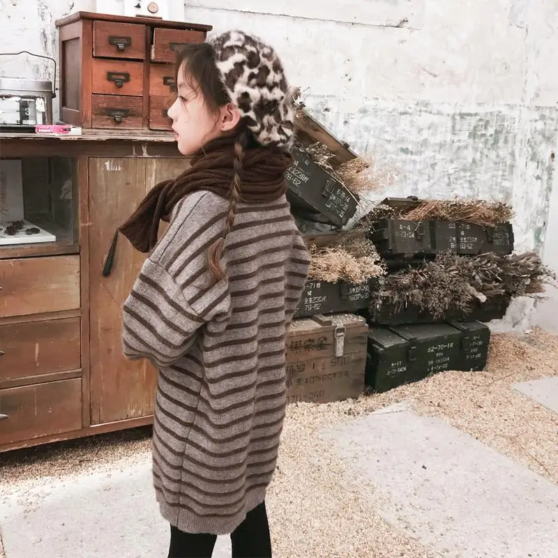 Autumn Winter Kids Girls Casual Knitted Dress Chidldren Striped O-Neck Long Sleeve Sweater Dresses Teen Girls Clothing K101