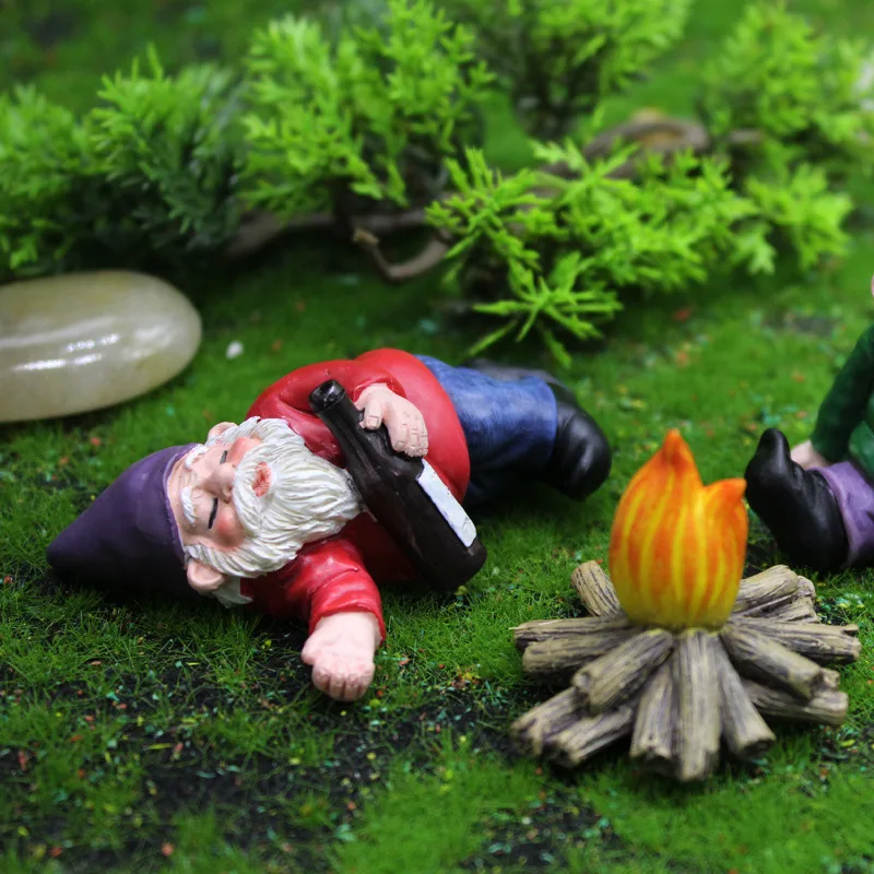 1 Set Mini Fairy Garden Drunk Yoga Gnomes Miniature Ornaments Set Dwarf Bonfire Statues for Flowerpot Garden Decor Accessories