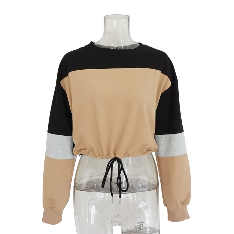 khaki Gplus толстовки женские осень зима лоскутное круглый воротник повязки черный розовый толстовка негабаритных толстовка Твердые Sudadera Mujer - Цвет: khaki