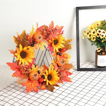 

45cm Sunflower Pumpkin Wreath Door Hanging Christmas Halloween Decor Simulation Garland Walls Home Thanksgiving Decoration