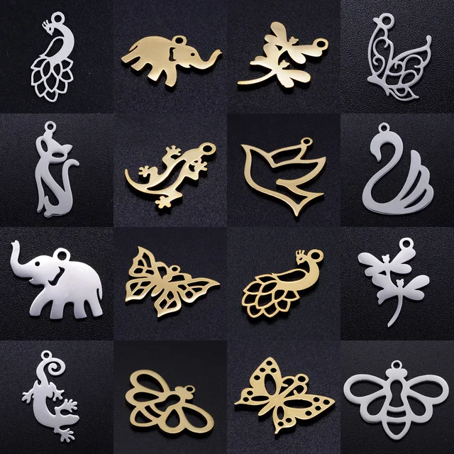 Lot de 10 breloques DIY en acier inoxydable, motifs paon, cygne, papillon, libellule, chat, pour bijoux et connecteurs de bracelet, vente en gros 1