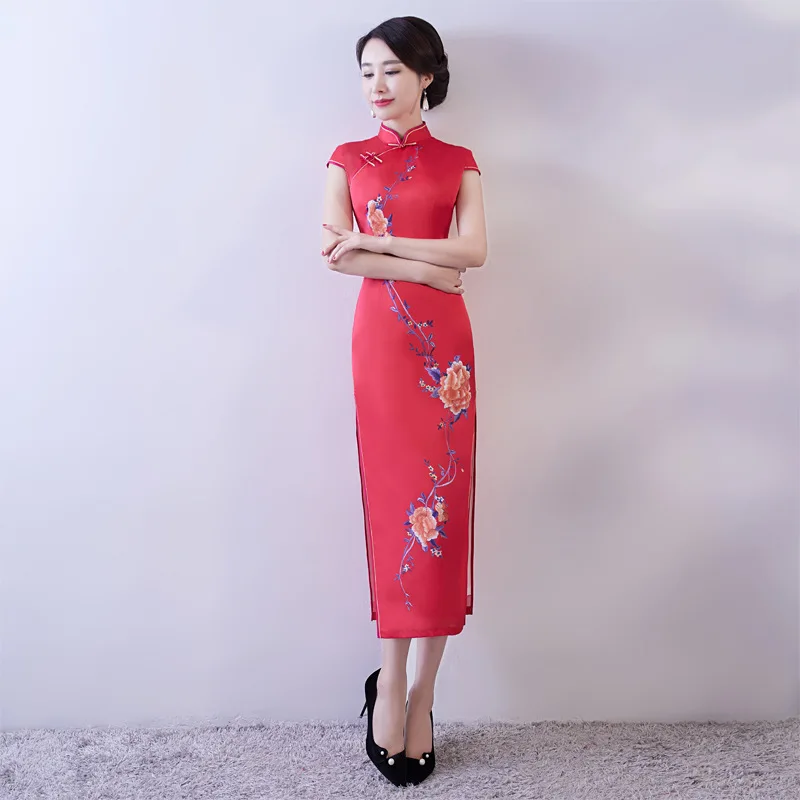 Для женщин, из искусственного шелка Qipao воротник стойка ручной работы Кнопка Cheongsam Новинка китайский формальный печати платье Большие размеры M L XL XXL XXXL