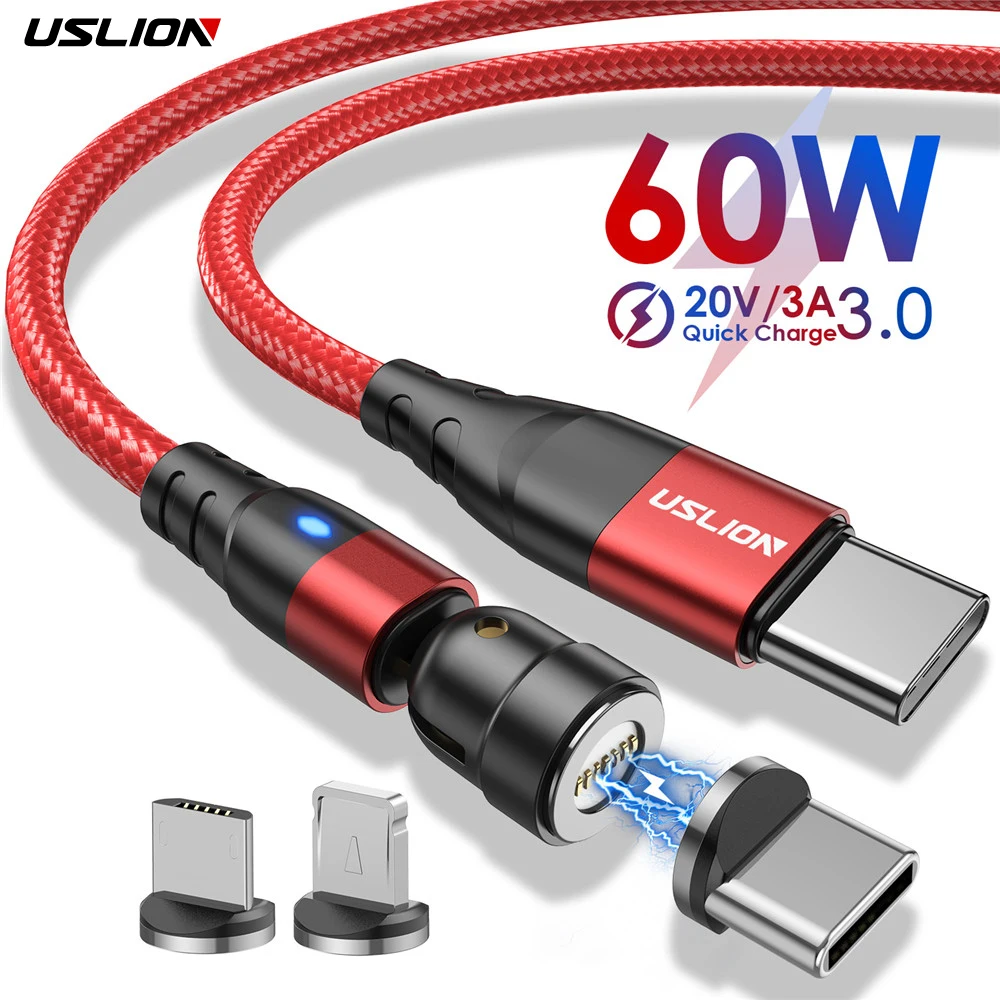 USLION 60W Magnetic Cable Quick Charge 4.0 USB C to Type C Cable PD Fast Charging For Huawei P40 Data Charger Cable For MacBook