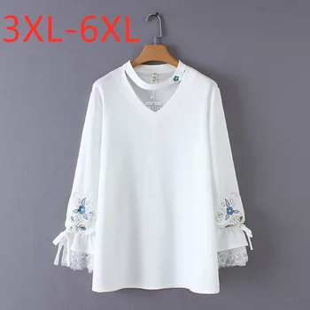 

2020 Korean spring summer plus size tops for women large blouse loose casual long sleeve lace V neck shirt white 3XL 4XL 5XL 6XL