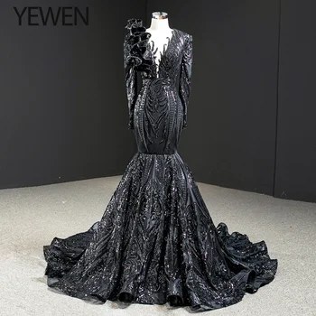 

Dubai Black O-Neck Long Sleeve Evening Dresses 2020 Mermaid Sequined Beading Luxury Formal Dress YEWEN 67116