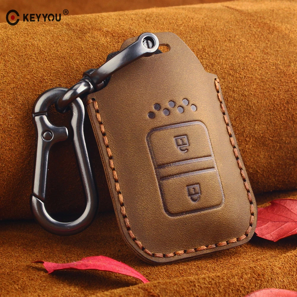 

KEYYOU Genuine Leather Car Keyless Smart Key Fob Case Cover For Honda Fit HR-V Vezel Jazz City Civic Accord Odyssey Crosstour