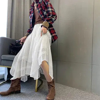 

loose White Irregular Spring Lace Joint Skirt Women French Retro Non-mainstream Immortal Mid Length Minority Skirt ZLL4873