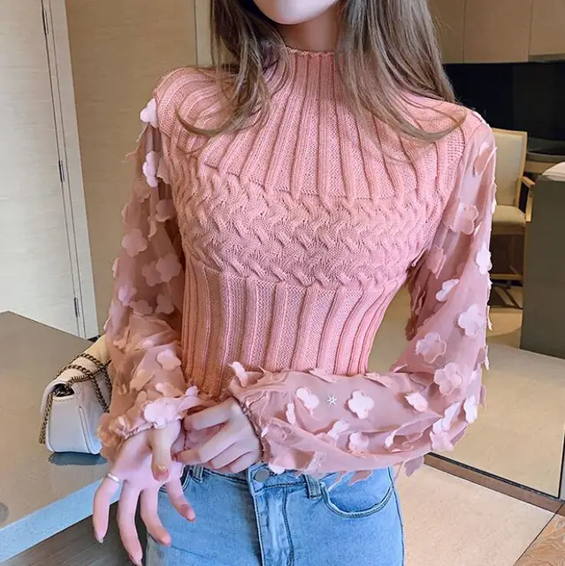 New 2020 Autumn Winter Women's Sweaters Turtleneck Mesh Patchwork Knitwear Long Sleeve Ladies Tops Pullover Pink Crop Sweater Pink