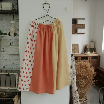 

Small fresh floral contrast color stitching elastic waist cotton linen skirt wild mid-length