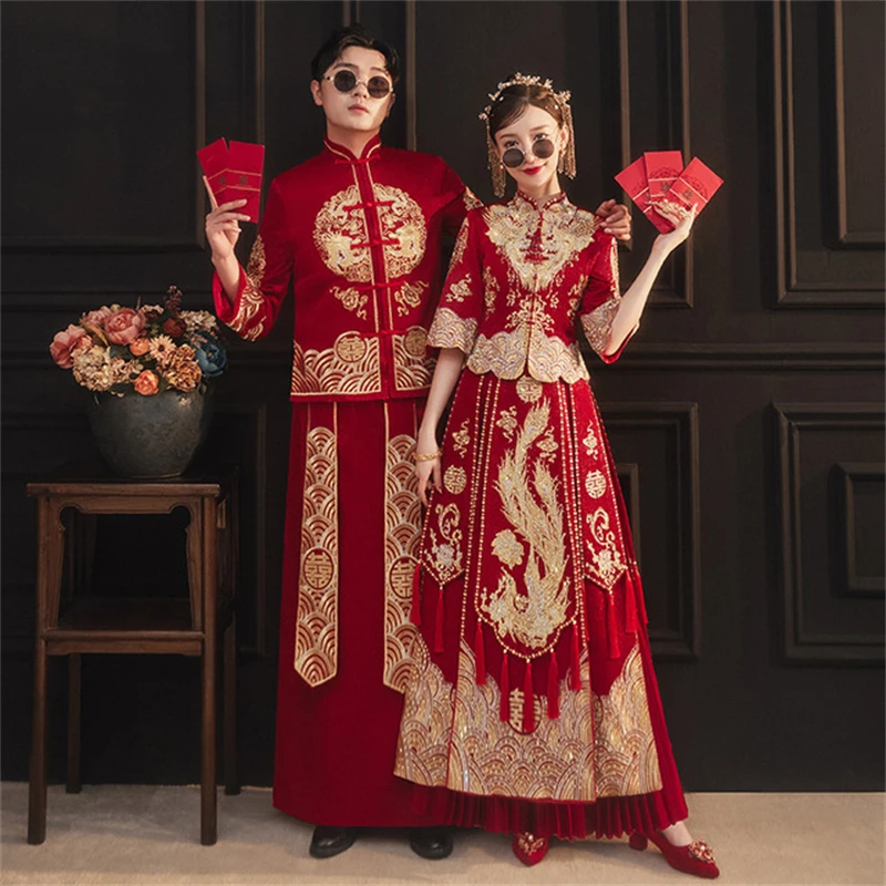 Chinese Style Clothing New Couple Red Phoenix Embroidery Cheongsam Qipao Traditional Wedding Dress Size S-6XL