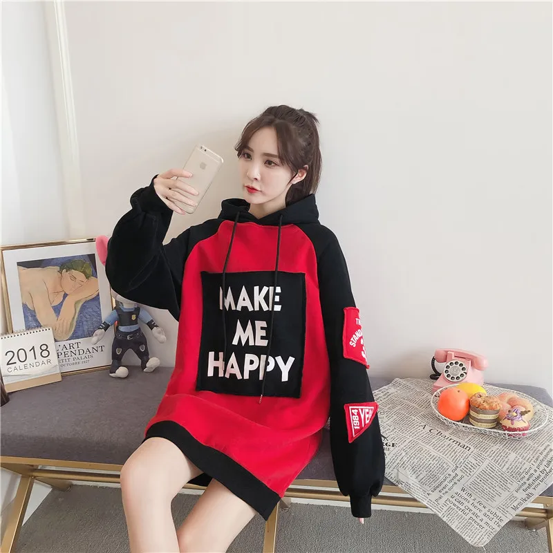 Make Me Happy, зимние, длинные, негабаритные, толстовки, Женская толстовка, с длинным рукавом, для девочек, пуловеры, толстовка, женская, толстая, худи