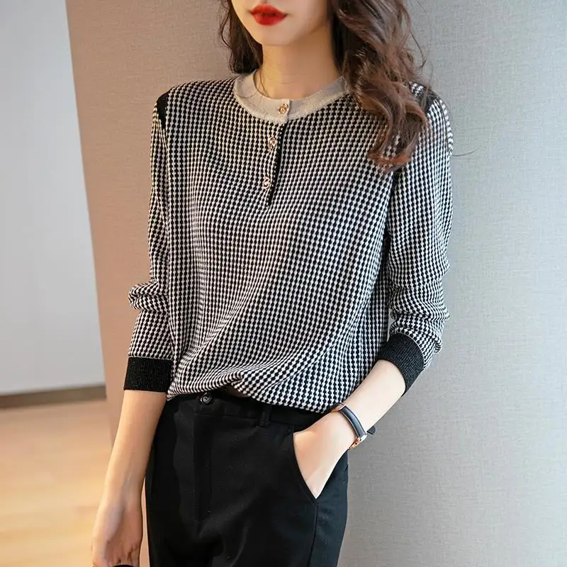 2020 Women Autumn Fashion New Knitted Long Sleeve O Neck Loose Pullovers Black and White Plaid Sweaters L175 | Женская одежда