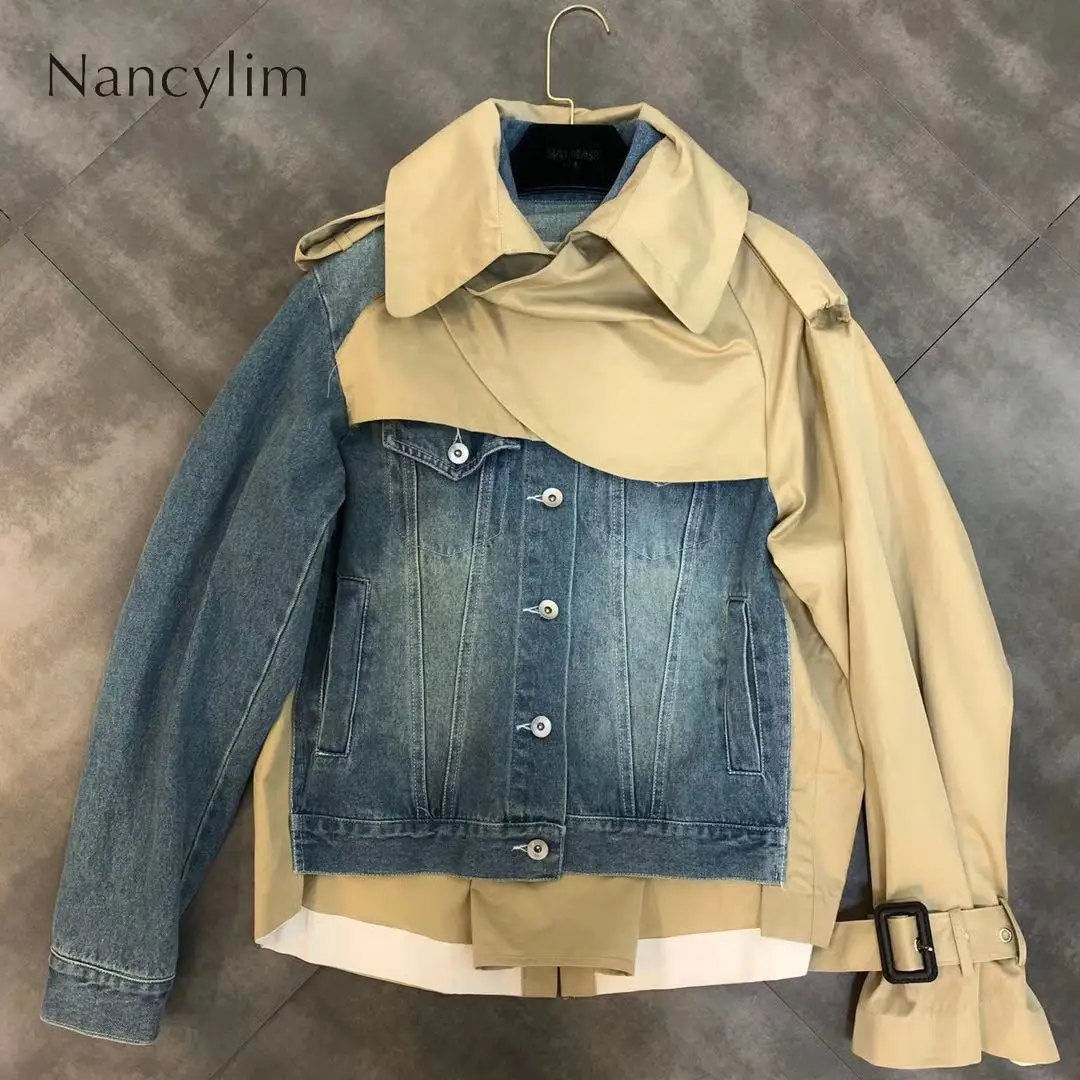 

2019 Autumn New Lapel Long Sleeve Denim Stitching Fashion Fake Twopiece Coat Women Streetwear Jacket Female Lady Jackets Femme