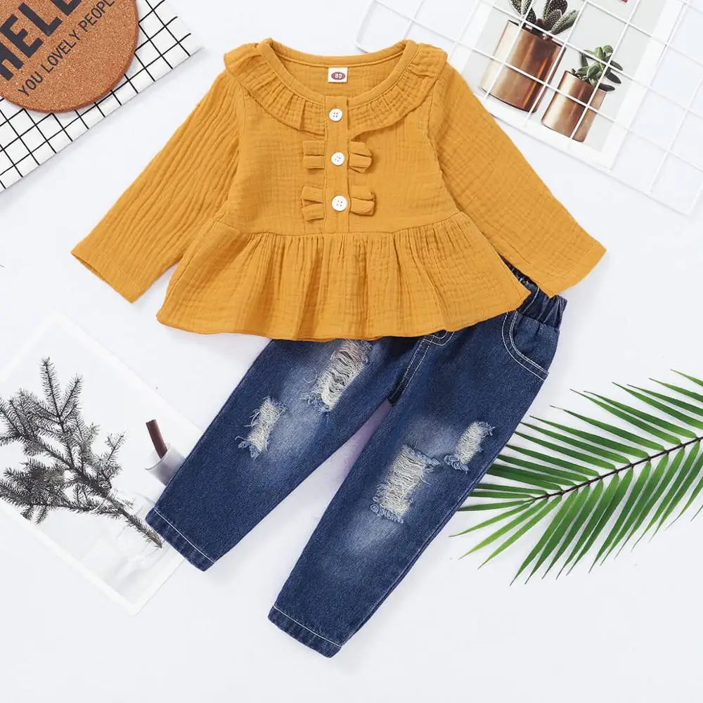 

Newborn Baby Girl Fall Outfits Girl Baby Clothes 3-6 Months Long Sleeve Solid Orange Pink Shirt Top Retro Ripped Jeans 2PCS Set
