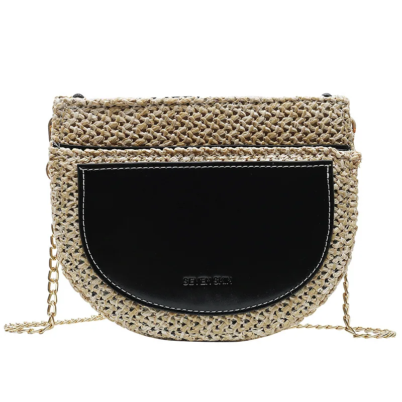 Черный JIULIN The new crescent grass knitted handmade multi-pocket Bohemian style single shoulder straddle lady bag in - Цвет: Черный