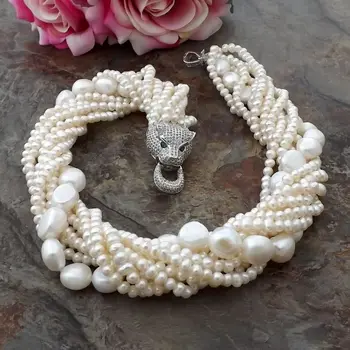 

New natural 9 Strands Freshwater white Pearl 5-11MM Necklace Cz Pave Leopard head Clasp 18inches