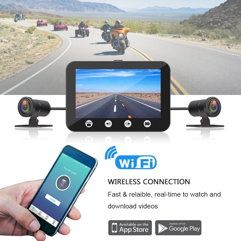  Waterproof motorcycle dash cam FHD1080P motor dvr wifi 150° view angle motorbike dual camera 4.5