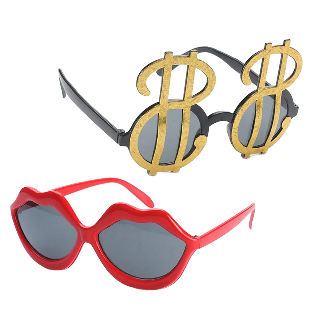 2/set Novelty Gold US Dollar & Red Lips Sunglasses Funny Eye Glasses