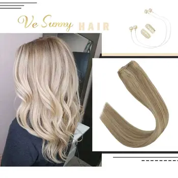 

VeSunny Fishing Hair Invisible Halo Hair Extensions Real Human Hair Flip Wire with 2 Clips on Dark Blonde Highlighted #16/22
