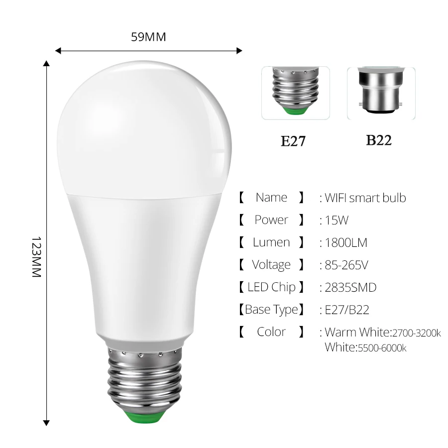 B22 E27 светодиодный умный светильник WiFi Лампа 15 Вт умная лампа с регулируемой яркостью приложение дистанционное управление работа с Amazon Alexa Google Home не требуется концентратор