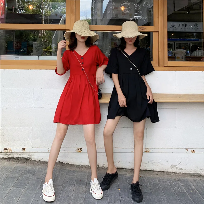

Korean-style CHIC College Loose-Fit Dress V-neck Short GIRL'S Dress