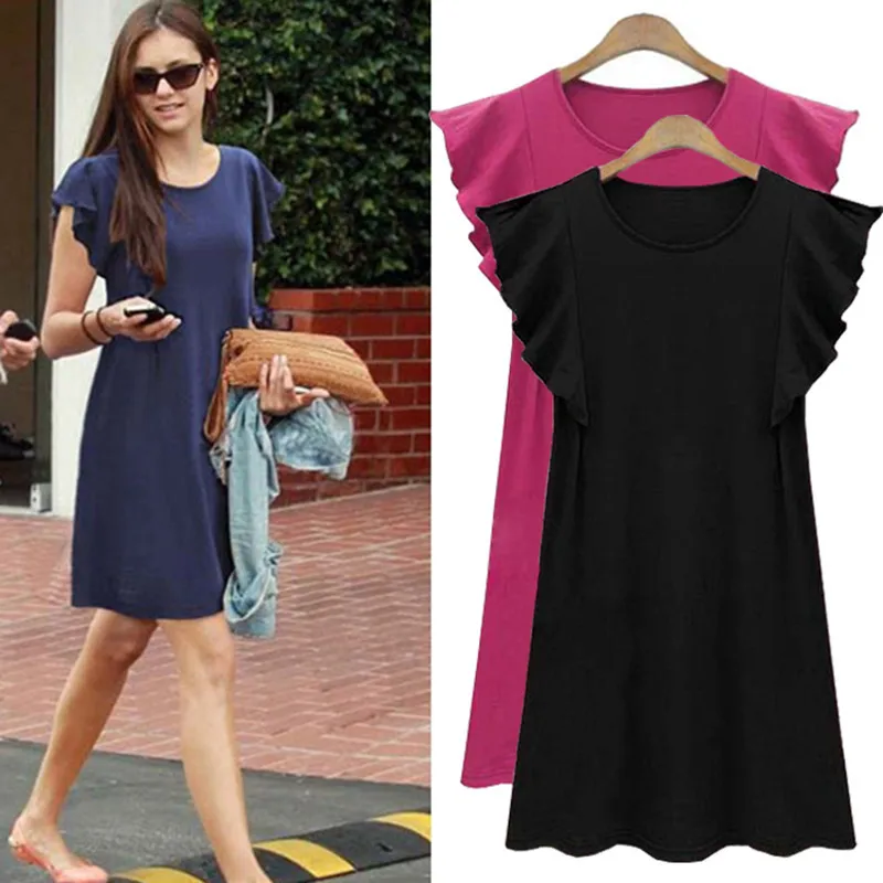 

Europe And America 2019 Summer Large GIRL'S Large Size Flounced Sleeves Dress Casual Versatile A- line Belly Covering Slimming S
