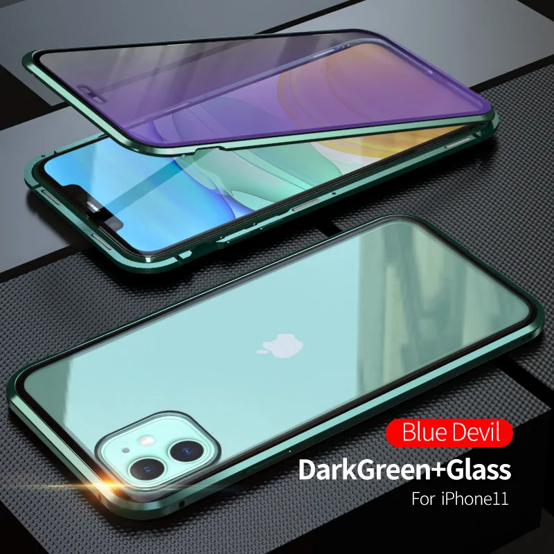 Роскошный противоударный защитный чехол для телефона, чехол для iPhone 11 Pro Max, синее закаленное стекло и Алюминиевый металлический магнитный чехол