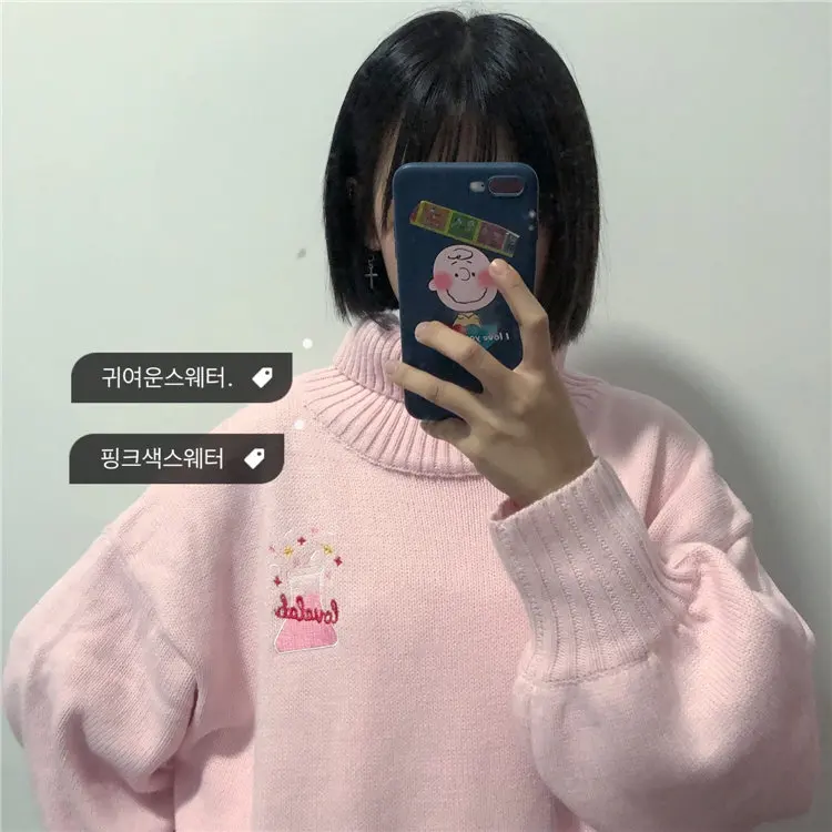 Kawaii мультфильм вышивка розовый водолазка Лолита зима осень свободный свитер корейский негабаритных пуловер Harajuku вязаный Топ Мода