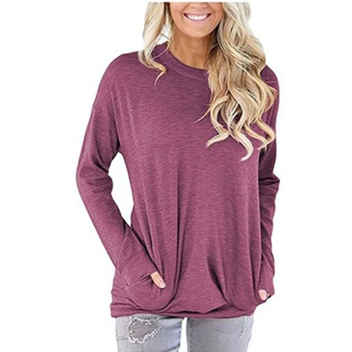 Осенне-зимняя женская футболка, модная повседневная футболка с круглым вырезом и карманом, Женские топы с длинным рукавом, футболки для девушек, женская уличная футболка - Цвет: purple