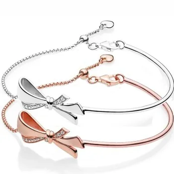 

Original Rose Brilliant Bow Ball Clasp Adjust Bracelet Bangle Fit 925 Sterling Silver Bracelet Bead Charm Diy Europe Jewelry