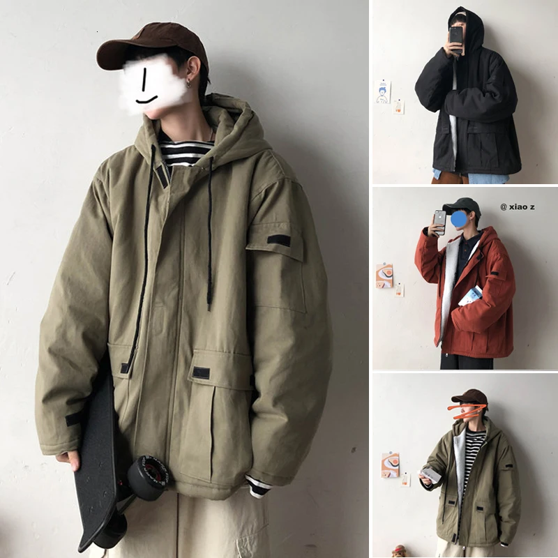 

Winter Lambskin Jacket Men's Warm Thick Fashion Parka Men Solid Color Casual Hooded Coat Man Wild Loose Cotton Tooling Jacket