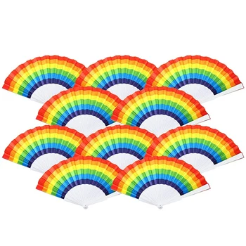 

10 Packs of Plastic Rainbow Folding Fan Handheld Fan Stage Performance Rainbow Fan Prop Fan