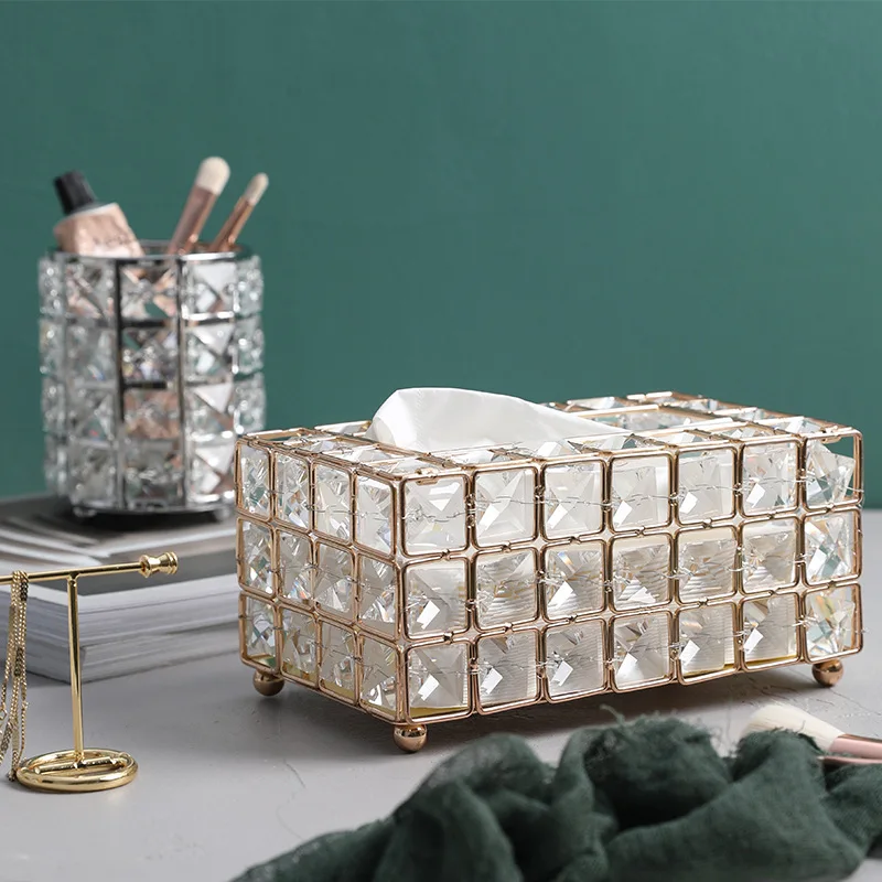 

European Crystal Tissue Box Simple Home Living Room Coffee Table Drawers Desktop Napkin Storage Box Creative Car Silver