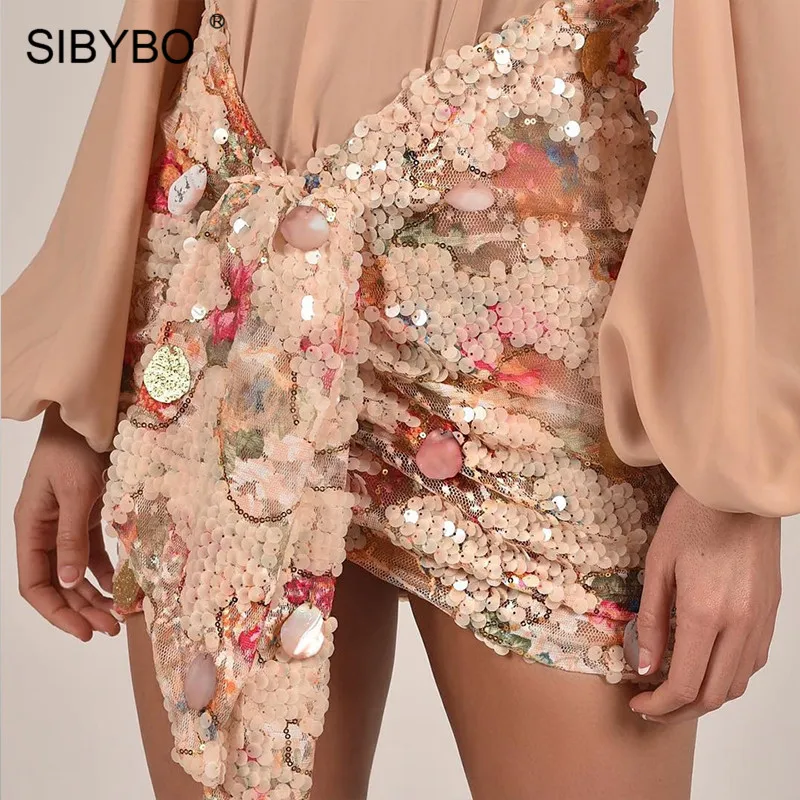 SIBYBO Блестки Высокая талия сексуальные юбки женские модные цветочные печати обтягивающие мини женские юбки V тип элегантные вечерние юбки
