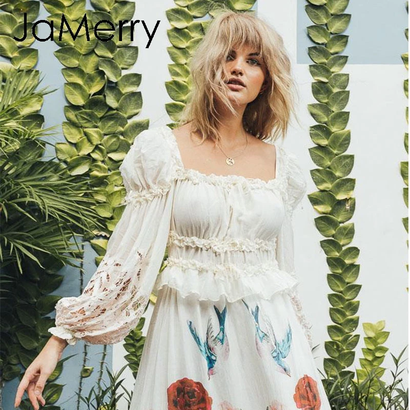 JaMerry винтажная, этнический стиль, хлопковая блузка, блузка с рукавами-клеш, гофрированные открытые топы со шнуровкой, белые женские короткие блузки, Топ