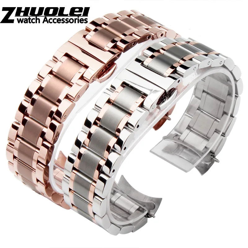 Elegant Curved-End Stainless Steel Watchband Bracelet - Multiple Widths Available