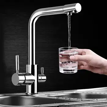 

Chrome Brass Dual Handles Bathroom Sink Faucet Zinc Alloy Kitchen Sink Tap Spout Pure Water Filter Mixer Tap Cold And Hot