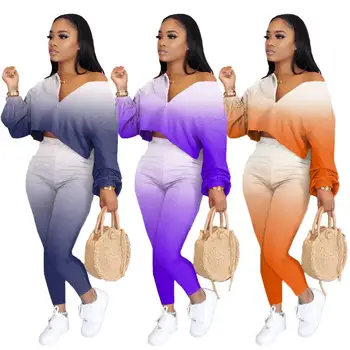 

Echione Plus Size Gradient Color Printed lounge Set Women Tracking Suit 2 Piece Set Women Matching Set Autumn Cub Outfits