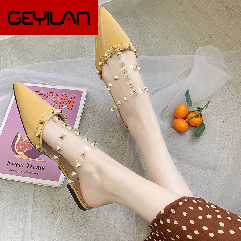 

Women Flats Rivet Mules Studded T-strap Sandal Pointed Toe Backless Woman Shoes Fashion Rivets Slip on Leather Sandals Pu Party