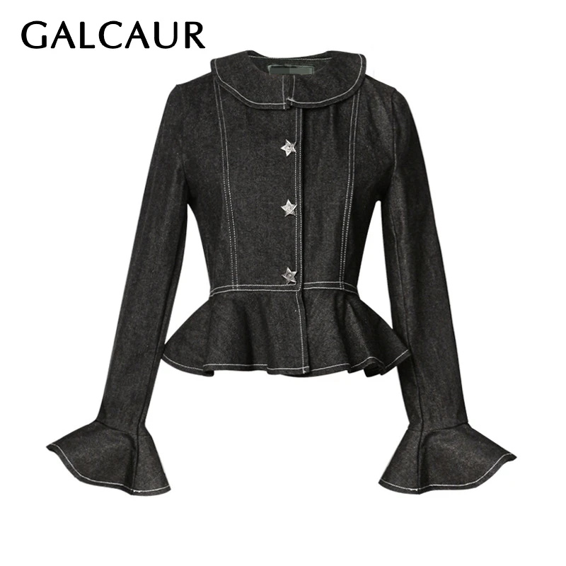 GALCAUR Vintage Black Shirt For Women Ruffle Collar Flare Long Sleeve Shirts Blouse Female 2019 Summer Fashion New Clothing |